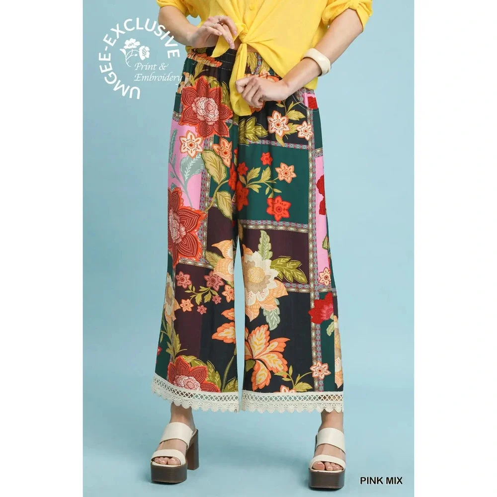 K1870 Umgee Abstract Patchwork Print Pants Pink Mix Various Sizes